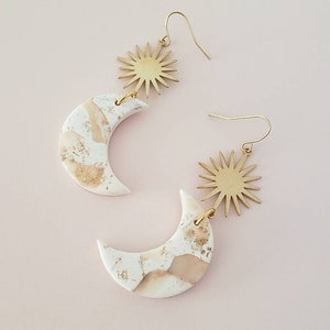 La Luna Cresent Moon Clay Earrings, Faux White Marble and Gold Leaf, Boho Dangles, Minimal Modern Indie Style, Beautiful Gift Idea for Her image 5