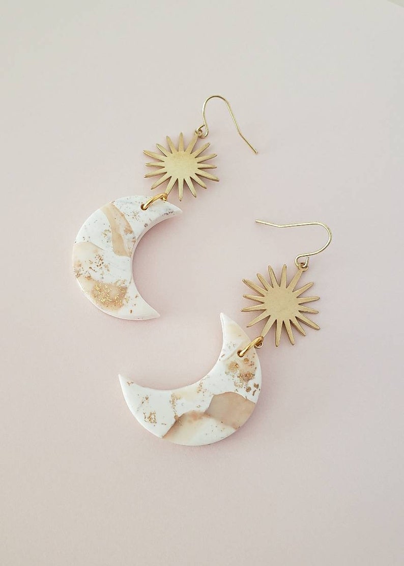 La Luna Cresent Moon Clay Earrings, Faux White Marble and Gold Leaf, Boho Dangles, Minimal Modern Indie Style, Beautiful Gift Idea for Her image 5