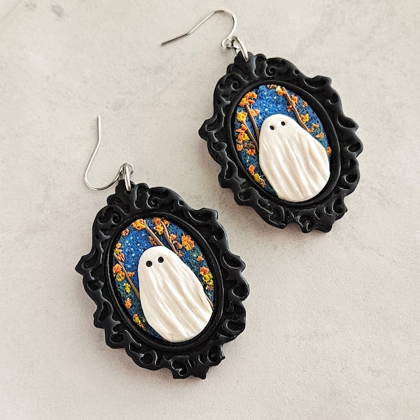 Handmade Polymer Clay Ghost Earrings, Black Vintage Frame
