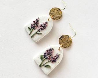 Lilac Clay Earrings, Lilac Polymer Clay Earrings, Floral Clay Earrings, Lilac Spring Flower Dangles, Speckled White Dangle Mothers Day Gift