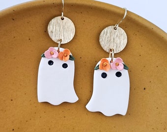 Floral Ghost Clay Earrings, Halloween Polymer Clay Dangle Earrings, Spooky Fall Aesthetic, Boo Ghost Earrings, Cute Minimalist Style Ghouls