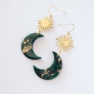 Emerald Green Crescent Moon Earrings, Gold Leaf Polymer Clay Dangles