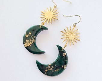 Emerald Green Crescent Moon Earrings, Polymer Clay Dangles, Boho Chic Jewelry, Dark Forest, Celestial Witchy Earrings, Indie Handmade Gift