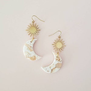 La Luna Cresent Moon Clay Earrings, Faux White Marble and Gold Leaf, Boho Dangles, Minimal Modern Indie Style, Beautiful Gift Idea for Her image 2