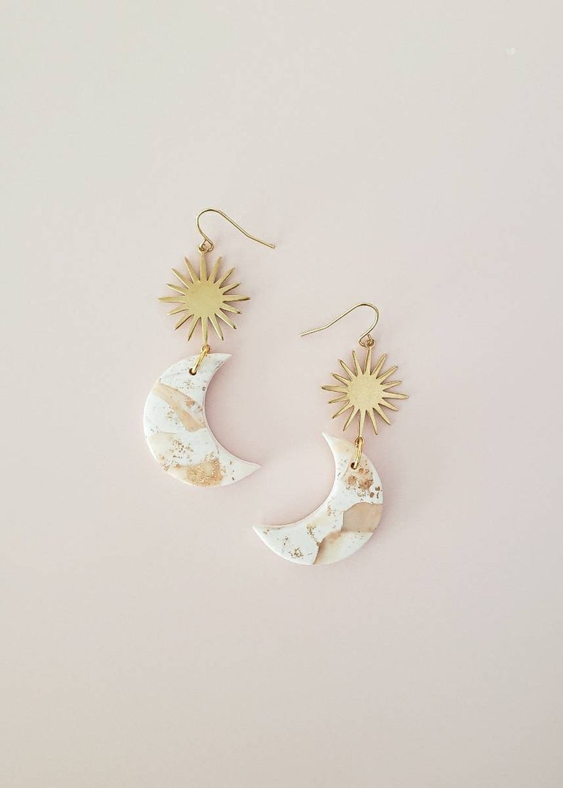 La Luna Cresent Moon Clay Earrings, Faux White Marble and Gold Leaf, Boho Dangles, Minimal Modern Indie Style, Beautiful Gift Idea for Her image 2