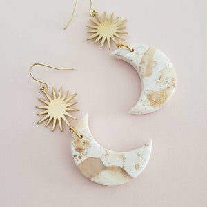La Luna Cresent Moon Clay Earrings, Faux White Marble and Gold Leaf, Boho Dangles, Minimal Modern Indie Style, Beautiful Gift Idea for Her image 3