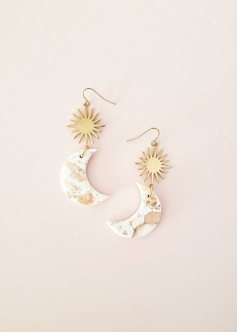 La Luna Cresent Moon Clay Earrings, Faux White Marble and Gold Leaf, Boho Dangles, Minimal Modern Indie Style, Beautiful Gift Idea for Her image 1