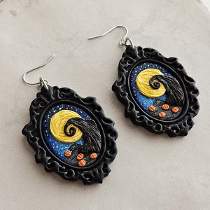 Halloween Earrings, Gothic Polymer Clay Earrings, Spooky Pumpkin Season Dangles, Black Vintage Frame Handmade Painting, Christmas Gift