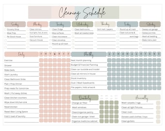 May include: A printable cleaning schedule checklist with daily, weekly, monthly, quarterly, and annual tasks. The checklist is divided into sections with different colored backgrounds. The tasks are listed in a column on the left side of the page, and the days of the week are listed across the top.
