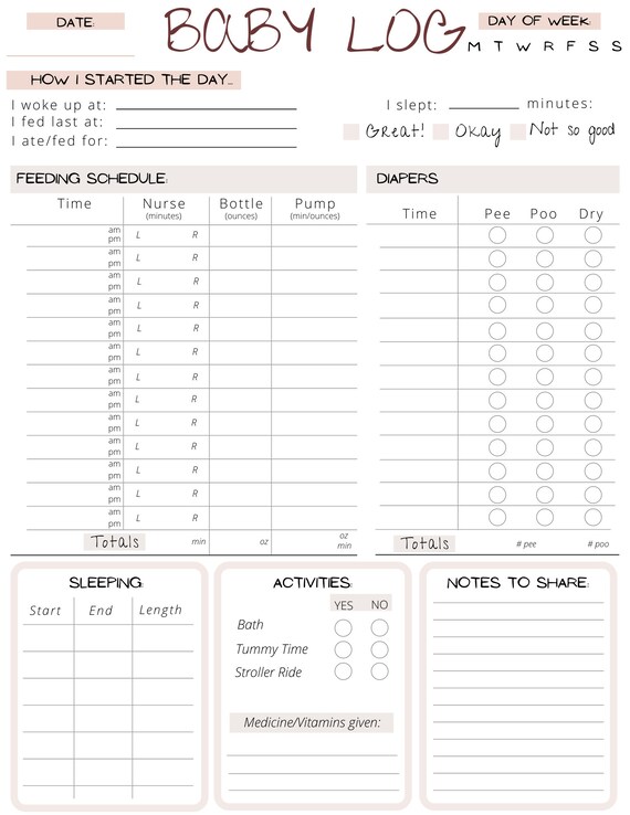 Babysitter Log One Page Printable Baby Log Caretaker tracker Nanny Log