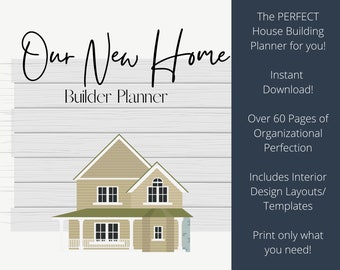 May include: A printable house building planner with over 60 pages of organisational tips. The cover features a cartoon illustration of a beige house with green trim and a white porch. The text "Our New Home Builder Planner" is written in black cursive.
