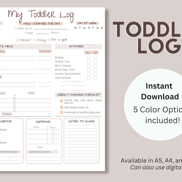 Toddler Log: Daily toddler report for Nanny, Daycare, In-home Preschool, Babysitter; Instant Download; Printable; Toddler Schedule; Baby Log