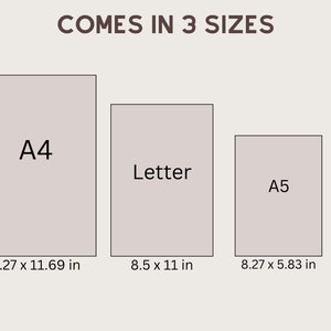 May include: A graphic showing three different paper sizes: A4, Letter, and A5. The sizes are shown as rectangles with the dimensions listed below each. A4 is 21 x 29.7 cm, Letter is 21.6 x 27.9 cm, and A5 is 14.8 x 21 cm.