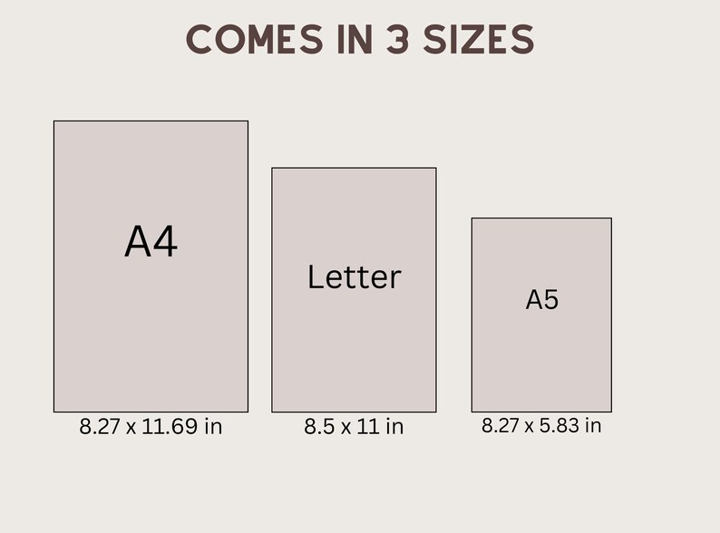 May include: A graphic showing three different paper sizes: A4, Letter, and A5. The sizes are shown as rectangles with the dimensions listed below each. A4 is 21 x 29.7 cm, Letter is 21.6 x 27.9 cm, and A5 is 14.8 x 21 cm.