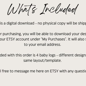 May include: Cream-colored digital download information sheet with the title "What's Included" in elegant script. The text explains the digital download process, including where to find the files and what is included.