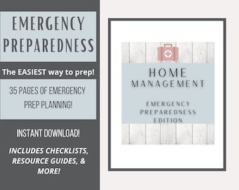 May include: A digital download guide for home management and emergency preparedness. The cover features a light blue background with a white woodgrain texture, a pink first aid kit icon, and the text "HOME MANAGEMENT EMERGENCY PREPAREDNESS EDITION".