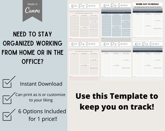 Puede incluir: Plantillas de horario de trabajo imprimibles en seis esquemas de colores diferentes. Las plantillas incluyen secciones para listas de tareas, reuniones, correos electrónicos, llamadas telefónicas y tiempo personal. El texto en la imagen dice "Work Day Schedule" y "Need to stay organized working from home or in the office?"