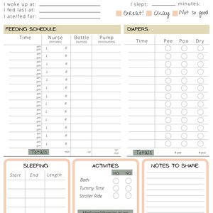 May include: A printable baby log with sections for recording feeding, sleeping, activities, and notes. The log includes a feeding schedule with columns for time, nurse, bottle, pump, and diaper changes. There are also sections for recording sleep times, bath, tummy time, stroller rides, and medicine/vitamins given. The log is designed to help parents track their baby's progress and development.