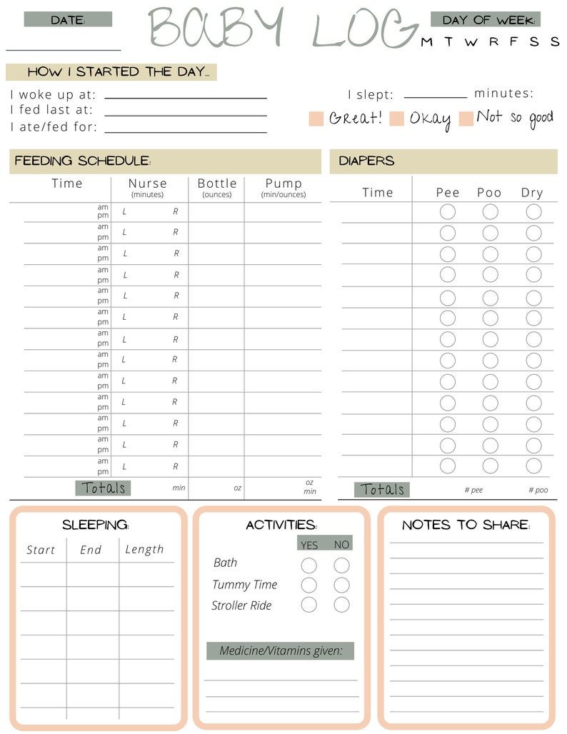 May include: A printable baby log with sections for recording feeding, sleeping, activities, and notes. The log includes a feeding schedule with columns for time, nurse, bottle, pump, and diaper changes. There are also sections for recording sleep times, bath, tummy time, stroller rides, and medicine/vitamins given. The log is designed to help parents track their baby's progress and development.