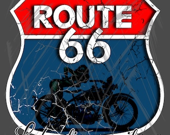 Route 66 sign style vintage poster design logo route 66 America patriot blue and red woman motorcycle American digital download PNG SVG