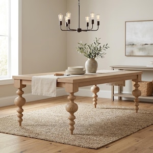 May include: A light-colored wooden dining table with turned legs, a beige runner, and a vase of greenery. A black chandelier hangs above the table. The table is set on a woven rug.