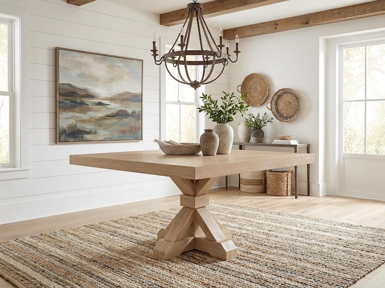 Mesa de comedor Vikinga / cuadrada con pedestal // Moderna // Estilo granja // Rústica // Madera maciza // Cocina // Rincón de desayuno // 1,6 m x 1,8 m Honey