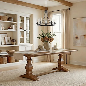 Puede incluir: Un comedor con una gran mesa de madera, un camino de mesa beige, platos y un jarrón con flores. Una lámpara de araña negra cuelga encima. La habitación incluye un armario blanco y una alfombra de tonos neutros.