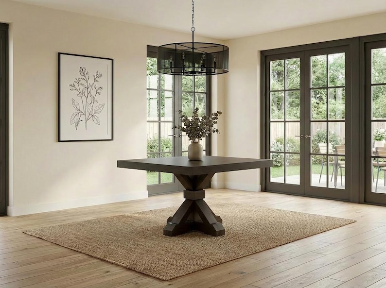 Mesa de comedor Vikinga / cuadrada con pedestal // Moderna // Estilo granja // Rústica // Madera maciza // Cocina // Rincón de desayuno // 1,6 m x 1,8 m Espresso