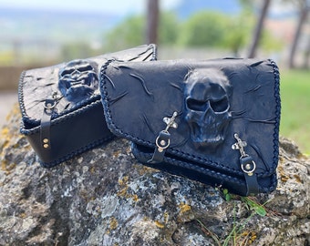 Leather Skull Motorcycle Bag - Handmade Biker Accessory