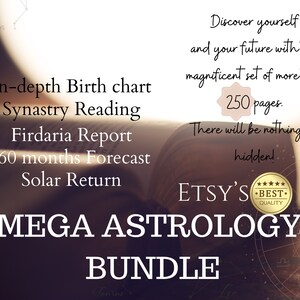 Leitura de astrologia, leitura aprofundada de mapa natal, leitura de sinastria, leitura de almas gêmeas, previsão de 60 meses, leitura de retorno solar, pacote Mega