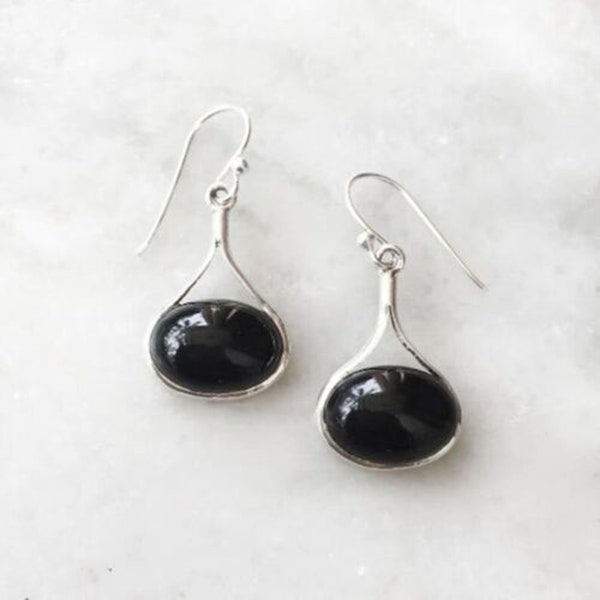 Black Onyx Gemstone Earring, Oval Gemstone Earrings, 925 Silver Earrings, Natural Gemstone Earrings, Meditation Earrings, Wedding Earrings