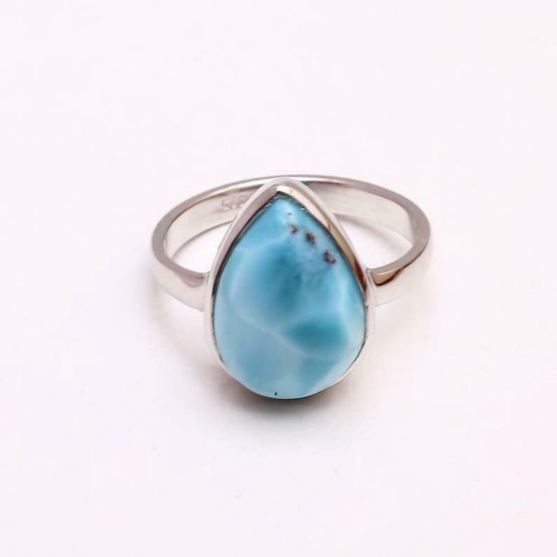 Natural Larimar Ring 925 Sterling Silver Ring For Women AAA+Top Quality Cabochon Baguette Gemstone,Dainty Vintage,Bridal,Anniversary Gift