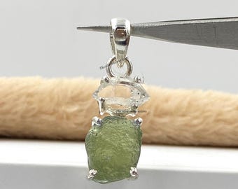 Moldavite & Herkimer Diamond Pendant: Sterling Silver Necklace, Handmade Jewelry
