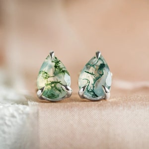 Pear Cut Moss Agate Earring, Natural Moss Agate Earrings, Unique Earrings, Bridesmaid Gifts, Everyday Earring Studs, Art Deco Earring, Gifts