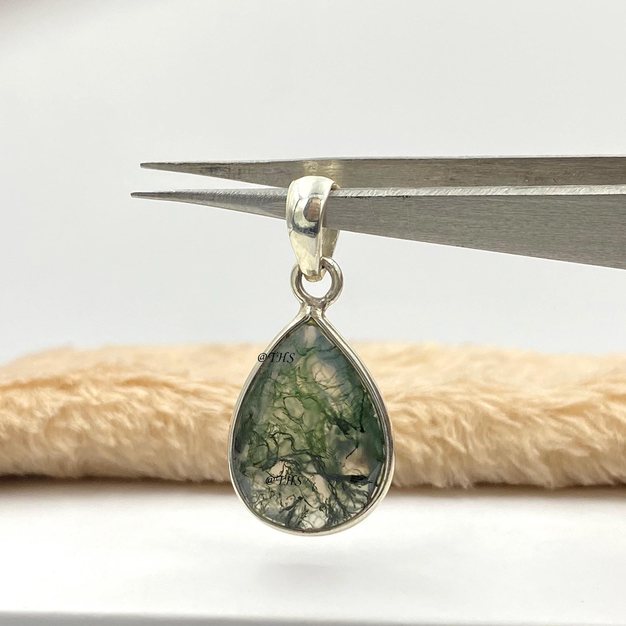 Natural Pear Moss Agate Pendant, Bezel Moss Agate Necklace, AAA Moss Agate Jewelry, 925 Silver Pendant, Green Moss Necklace, Gift For Her