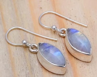 Rainbow Moonstone Earrings, 925 Sterling Silver Earrings, Marquise Shape Earrings, Handmade Jewelry, Dangle Drop Earrings, Gift For Women