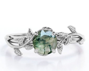 Natural Moss Agate Ring, 925 Sterling Silver Ring, 925 Sterling Silver Ring, Round Shape Moss Agate Leaf Ring, Promise Ring, Engagement Ring