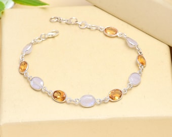 Rainbow Moonstone & Citrine Bracelet: 925 Sterling Silver Gemstone Chain