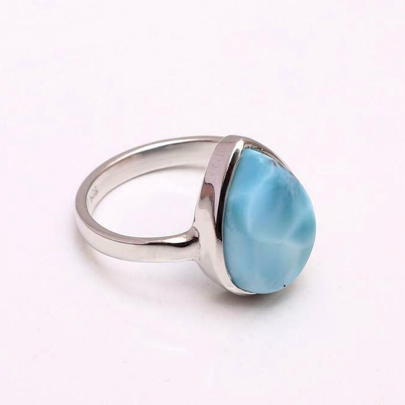 Natural Larimar Ring 925 Sterling Silver Ring For Women AAA+Top Quality Cabochon Baguette Gemstone,Dainty Vintage,Bridal,Anniversary Gift