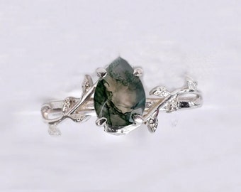 Vintage Moss Agate Engagement Ring, 925 Sterling Silver Ring, Wedding, Ring, Nature Inspired Vine Leaf Ring, Promise Ring, Anniversary Gifts