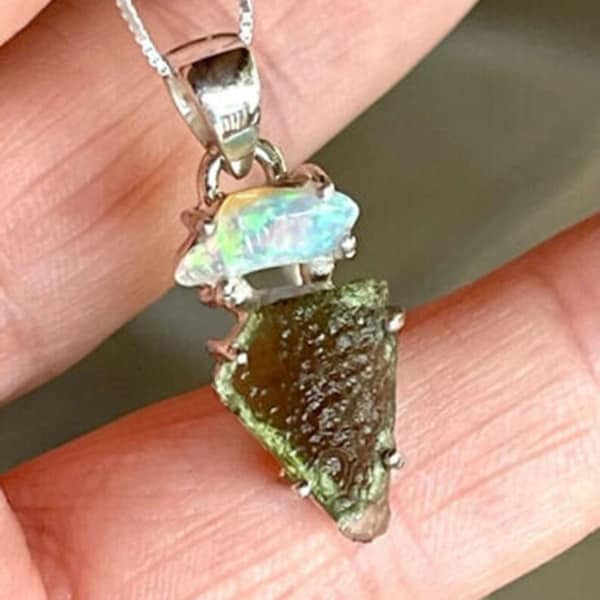 Natural Moldavite & Opal Pendant, Genuine Moldavite Necklace, 925 Sterling Silver Pendant, Handcrafted Pendant, Personalized Gift Jewelry