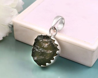 Genuine Moldavite Pendant, 925 Sterling Silver Jewelry, 100% Natural With Certified Gemstone From Czech Republic, Natural Healing Crystal