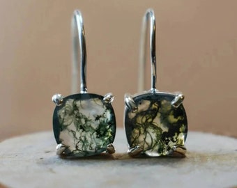 Natural Moss Agate Earrings, Girls Earrings, 925 Sterling Silver Earrings, Dangle Earrings, Cushion Cut prong Set Earrings Gift For Birthday