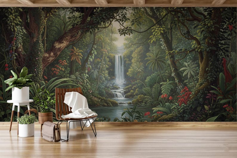 Waterfall Jungle Mural | Tropical Rainforest Peel and Stick Wallpaper ...