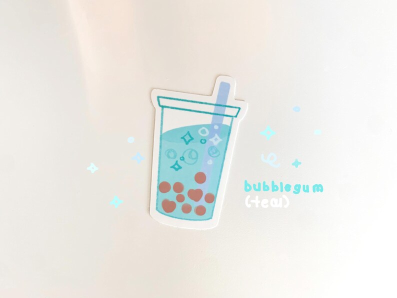 May include: A sticker of a blue bubble tea with brown boba pearls and a blue straw. The text "bubblegum (tea)" is below the bubble tea.