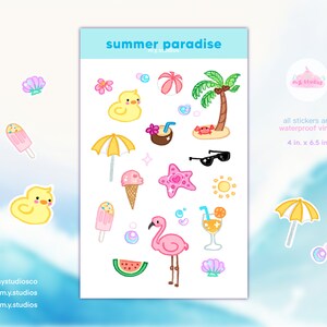 stickervel zomerparadijs | schattige stickers, kawaii, stickers dagboekplanner, briefpapier, strandstickers, zwembad, juni, waterdicht vinyl
