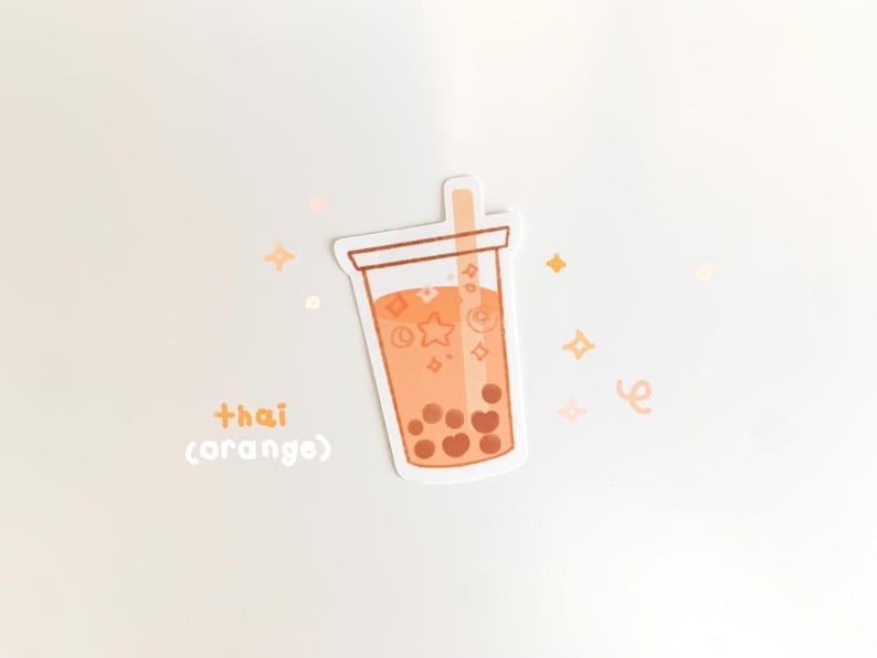 May include: A sticker of a cartoon orange thai tea with boba pearls and a straw. The sticker has a white background with a light orange and yellow color scheme. The text "thai (orange)" is written below the sticker.