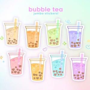 May include: Set of eight colorful bubble tea jumbo stickers. Each sticker features a different color and design of bubble tea with boba pearls.