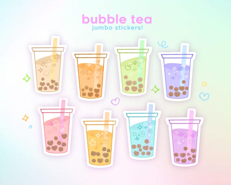 May include: Set of eight colorful bubble tea jumbo stickers. Each sticker features a different color and design of bubble tea with boba pearls.