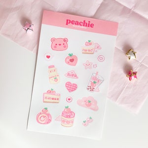 peachie sticker sheet | cute stickers, kawaii, bujo journal stickers, planner stickers, food, dessert cafe stickers, pink, vinyl waterproof